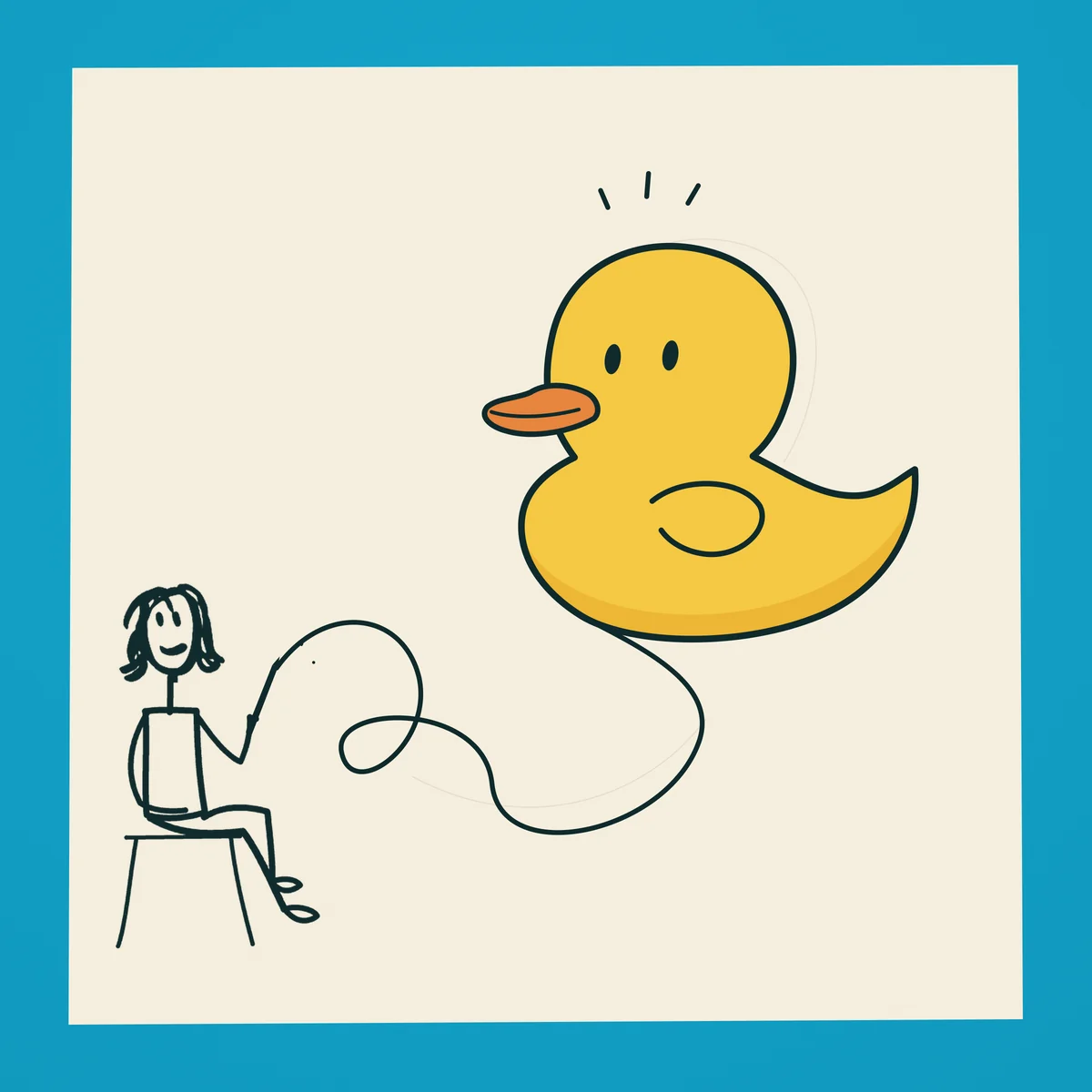 Independent tribute illustration: a seated doodle figure draws a looping line that becomes a yellow duck on cream paper with a blue border