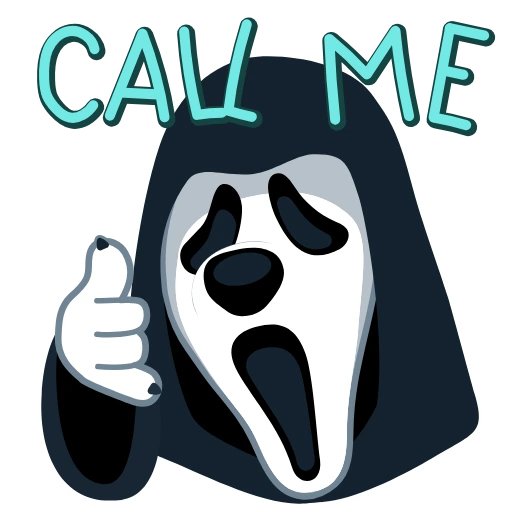 Hooded dog in a scream-style mask with the words CALL ME