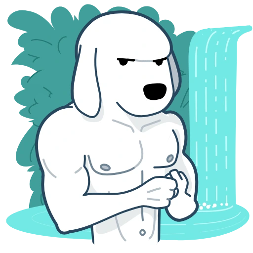 White dog holding a cup beside a waterfall and tropical leaves