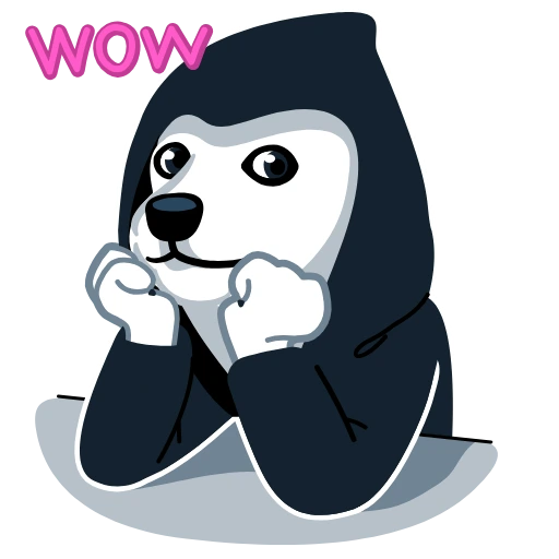 Wide-eyed hooded dog resting its chin on its paws beneath WOW