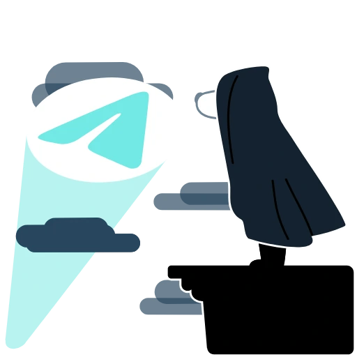 Hooded figure facing a glowing turquoise paper-plane symbol
