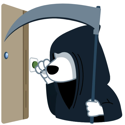 Dog in a grim-reaper costume peeking around an open door