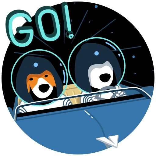 Hooded dog and a small companion in a blue spacecraft beneath the word GO