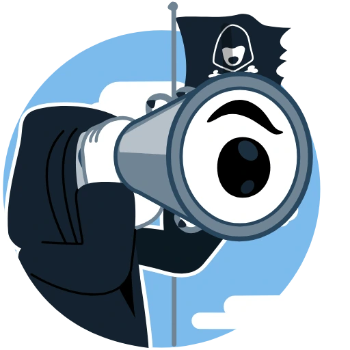 Hooded dog with a large cartoon cannon and a small black flag