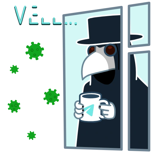 Dog in a plague-doctor mask holding a cup at a window