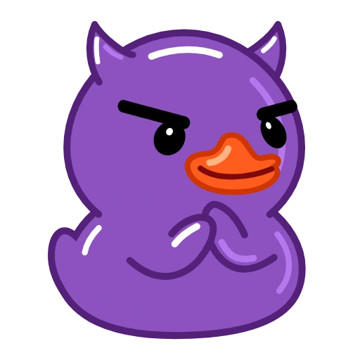 Purple duck with small horns and a mischievous smile
